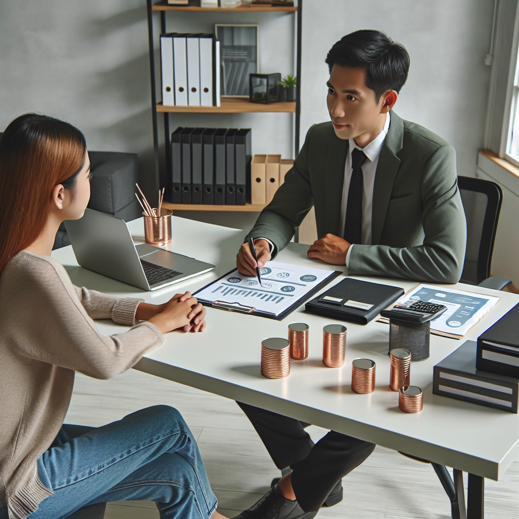 Financial consultant answering client questions across a tidy desk featuring organized files, copper accessories, and a calming atmosphere conducive to practical budgeting conversations