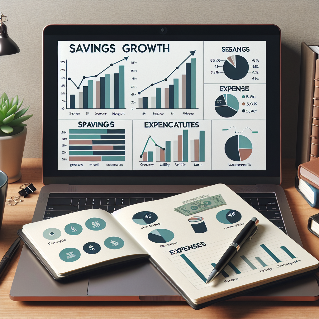 Detailed financial dashboard displayed on a laptop showing savings growth indicators, expense categories, and progress widgets beside a notebook and pen ready for strategic planning