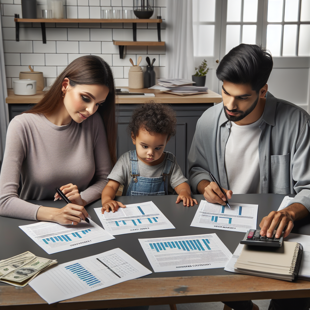 Young family reviewing household budget highlights together while seated at a kitchen table with printed worksheets, subtle grey decor, and encouragement from a nearby consultant
