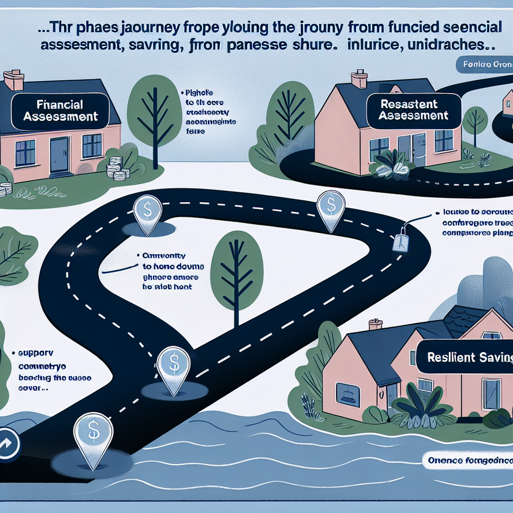 Illustrated roadmap poster showing the phased journey from financial assessment to resilient savings with clear milestones, supportive commentary, and navy blue visual anchors