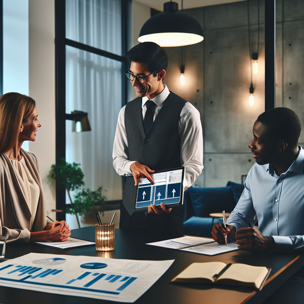 Professional financial advisor presenting a structured budgeting roadmap on a digital tablet to adults in a modern office environment with warm neutral lighting and navy accents